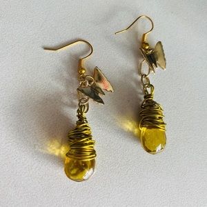 Gold glass wirewrapped beaded butterfly earrings